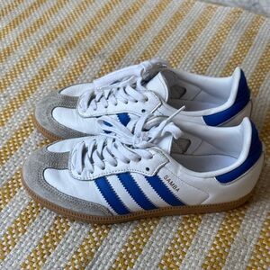 Adidas Kids Samba White, Blue, and Gray Sneakers